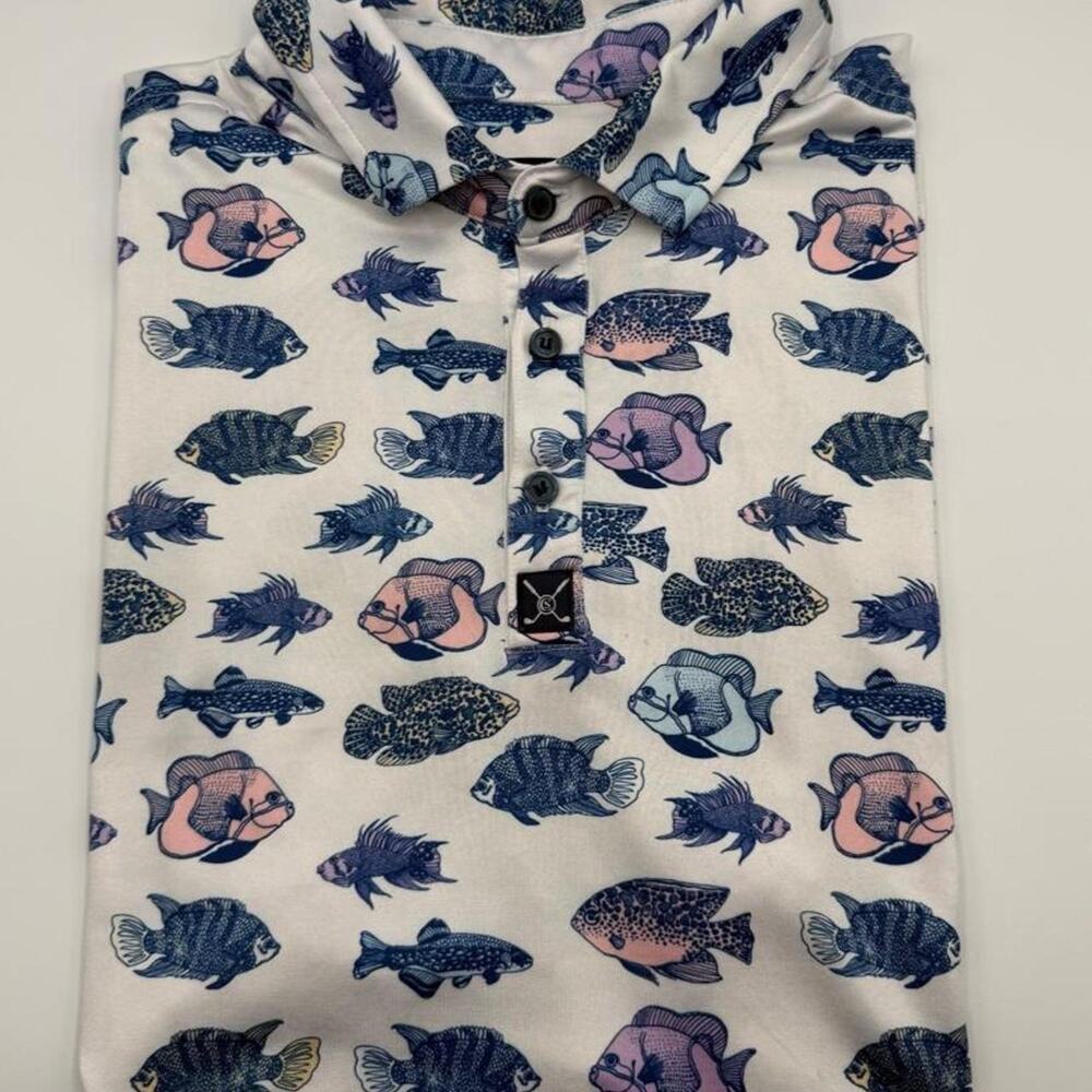 Construct golf polo Fish AOP Shirt Tagged size large. Fits like a medium